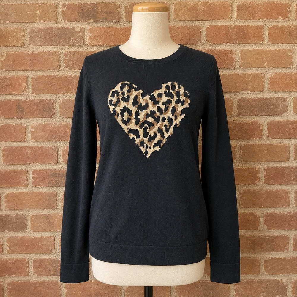 J.Crew Teddie Black Cotton Pullover‎ Sweater Animal Leopard Print Heart Medium